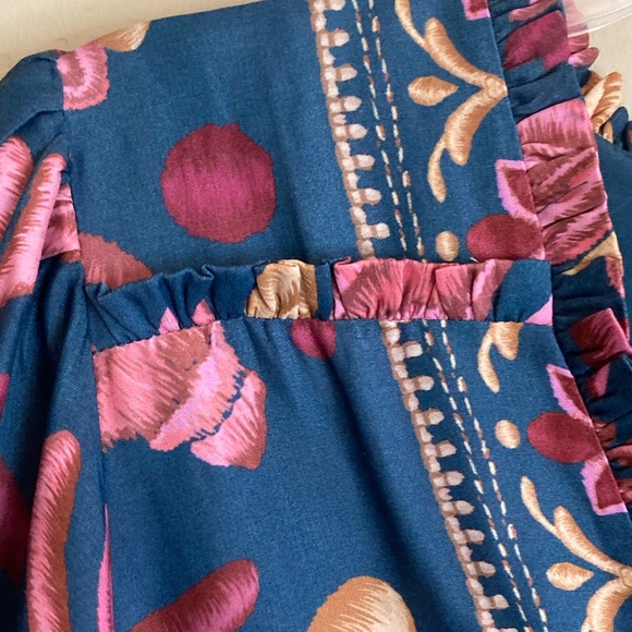 NEW FARM Rio Seashell Tapestry Teal Long Sleeve Mini Dress Floral Beaded Size M - Picture 9 of 16